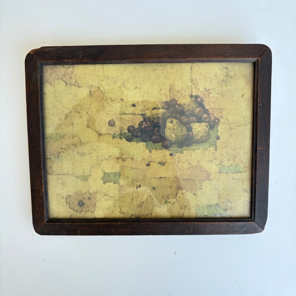 Vintage Framed Still Life Fruit Print Pears Grapes Dark Wood Frame 9x7